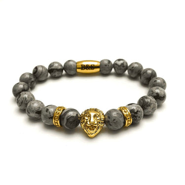 Man Bracelet - Men’s Beaded Bracelet - Gold Lion & Grey Stones Bracelet - gold bracelet for man Bracelet XS (14-15cm) Brother & Sisters